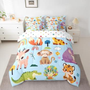 Imagem de jejeloiu Conjunto de edredom infantil com estampa de animais de 7 peças, solteiro, girafa azul, macaco, raposa, estampa de animal, em microfibra leve