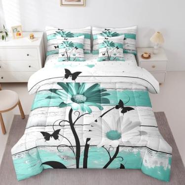 Imagem de Erosebridal Jogo de cama queen com estampa floral de fazenda, 7 peças, para jovens, tábua de madeira, borboletas rústicas, conjunto de lençol em uma bolsa, vintage, azul-petróleo