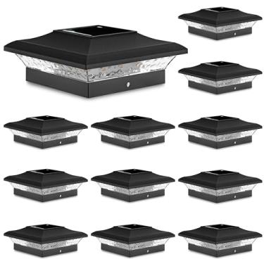 Imagem de T-SUN Pacote com 12 lâmpadas solares 4 x 4 para uso ao ar livre, poste de cerca de LED branco quente, adequado para postes de vinil de 10 x 10 cm, luzes de poste à prova d'água, alimentadas por