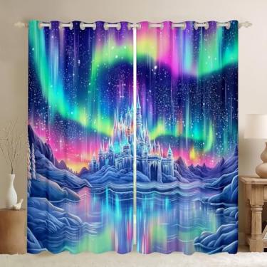 Imagem de Erosebridal Cortinas Aurora para quarto, cortinas de castelo de princesa para crianças, meninas, mulheres, cortinas de janela galáxia estrelada, luzes do norte, tratamentos de janela 2 painéis 96,5 cm