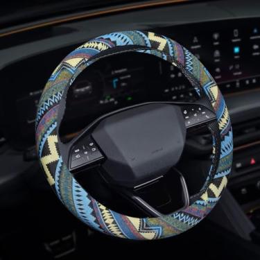 Imagem de HQRNYP Capa de volante Boho feminina, capa protetora estilo hippie de 38 cm com respirável, antiderrapante, absorção de suor, acessórios de carro de pano de linho étnico para SUV Van Truck (H)