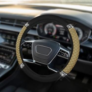 Imagem de HQRNYP Capa de volante de couro macio brilhante, protetor de volante, 38 cm colorido strass elástico, acessórios de carro de couro diamante antiderrapante para mulheres e meninas (bege)