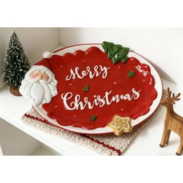 Imagem de ROSE CREATE Conjunto de bandejas de aperitivo ovais vermelhas de Natal, pratos de porcelana de sobremesa de Natal, prato de lanche, tigela de salada de cereais alimentares, prato de cerâmica de alto