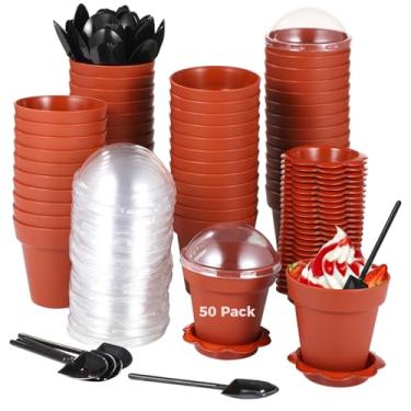 Imagem de 50 peças de copos de sobremesa para vaso de flores, copos de sorvete de 170 g com tampas transparentes e colheres de pá, recipientes de mousse de pudim, design empilhável para festas, casamentos