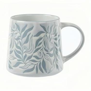 Imagem de HAONUO Caneca de café grande de cerâmica de 652 g – Canecas de café botânicas cinza azul para chá, leite, cacau, copo floral feito à mão com alça, presente estético para uso doméstico e escritório
