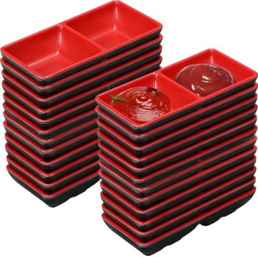Imagem de ywmigl 24 peças de prato duplo de molho de soja, tigelas duplas para molho, dois compartimentos, bandejas de festa, pratos de fondue divididos para cozinha de restaurante, molho de soja, ketchup