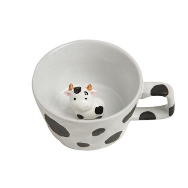 Imagem de DIHOclub Caneca de café de cerâmica Farmhouse com estatueta de animal – Copo de grés rústico, acabamento fosco, ideal para café da manhã e decoração de casa (preto e branco (vaca))