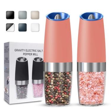 Imagem de UNNEES Conjunto de 2 moedores elétricos de sal e pimenta por gravidade, conjunto de moedores automáticos de sal e pimenta, rugosidade ajustável, alimentado por bateria, luz LED, pacote com 2, (rosa)