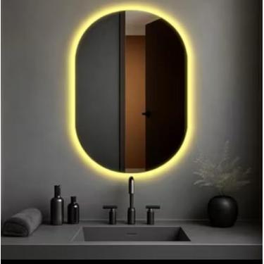 Imagem de Espelho Grande De Parede Oval Com Led Amarelo 80/50cm