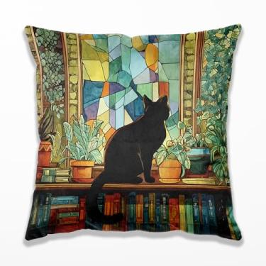 Imagem de TopXmai Capas de travesseiro engraçadas de gato preto 45,7 x 45,7 cm, presentes para amantes de gatos e livros, vitrais coloridos em estante, capas de almofadas decorativas para casa, biblioteca, sofá