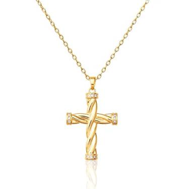 Imagem de Colar feminino delicado banhado a ouro 14 k com pingente de cruz de diamante não manchado moderno Dia de Ação de Graças Cristão Fé Religiosa Joias Presentes, Latão, Zircônia cúbica