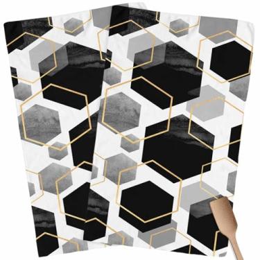 Imagem de Conjunto de 2 panos de prato geométricos pretos de microfibra, toalhas de mão listradas douradas, modernas, modernas, minimalistas, decoração de arte abstrata, absorventes e panos de prato de secagem