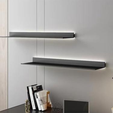 Imagem de Prateleiras flutuantes, prateleiras de exibição de parede de liga de alumínio com luz LED iluminada embutida, para bar de entrada, bancada, sala de estar, banheiro, 1 peça (ouro 150 x 20 x 6 cm