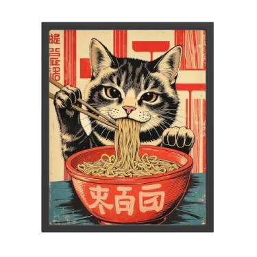 Imagem de Arte de parede de gato japonês vintage, pôster fofo de gato preto comendo ramen, arte exclusiva de decoração de cozinha para sala de estar, cozinha, sala de jantar, decoração de parede 1 (20 x 25 sem