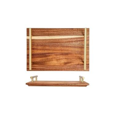 Imagem de Bandeja de café da manhã, bandeja de madeira, bandeja de café da manhã de madeira maciça com alça para chá da tarde, bandeja retrô para sobremesas, bandeja de mesa de café (AS)