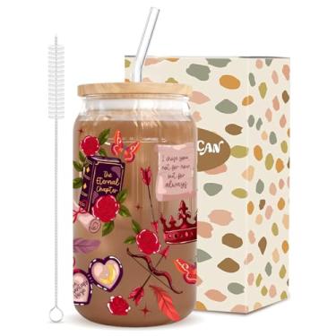 Imagem de Copo de vidro com estampa de dragão mítico e livro, conjunto de copos de vidro de 473 ml com tampa de bambu e 2 canudos, pronto para presente para café gelado, uísque, matcha e cerveja