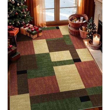 Imagem de YIHOUSE Tapete vermelho e verde, 10 x 15 cm, bordô, vintage, lavável para sala de estar, laranja queimado, antiderrapante, geométrico, boêmio, para cozinha, sala de jantar, quarto