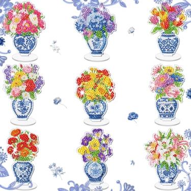 Imagem de Kosiz 9 peças de decoração de mesa de pintura de diamante para adultos, peças centrais de acrílico dupla face para mesa, artesanato, decoração de presentes (Chinoiserie)