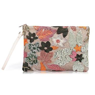 Imagem de QTKJ Bolsas clutch para mulheres, bolsa de palha, pacote envelope de flores bordadas de lantejoulas boêmias, pulseiras de couro, bolsas de praia para férias, viagens, banquete (flor prateada)