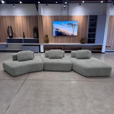 Imagem de Sofá Ilha Sala de Estar 2 Módulos e Chaise Dakota Encosto Almofadas Soltas Bouclê Rústico Cinza G33 - Gran Belo