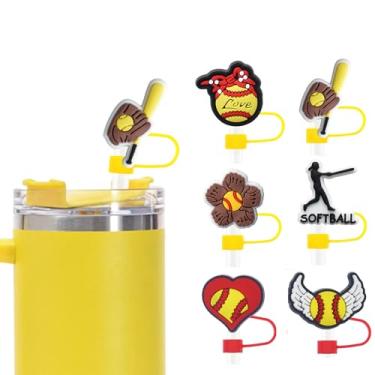 Imagem de 6 capas de canudo de beisebol para copos Stanley – lindos topos de silicone reutilizáveis de 10 mm para copos de 850 g/1,134 g com alça, capas de ponta de palha, acessórios duráveis para copos Stanley