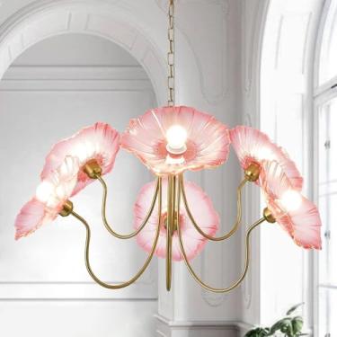 Imagem de Lustre vintage de vidro floral com 6 lâmpadas, luminária pendente grande com cúpulas de flores verdes, acabamento em latão dourado, ideal para sala de jantar, cozinha, ilha, sala de estar e