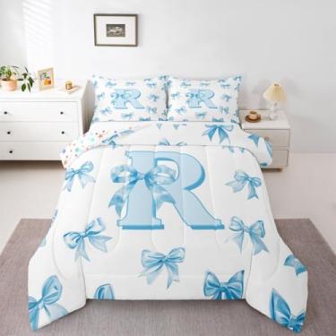 Imagem de Erosebridal Conjunto de edredom solteiro com estampa de desenho animado e laço azul com letra R para crianças, meninas, adolescentes, edredom fofo com laço kawaii para quarto de princesa, monograma de