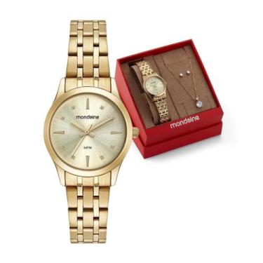Imagem de Kit Relógio Feminino Mondaine Classic Dourado À Prova D'Água 50M 32611