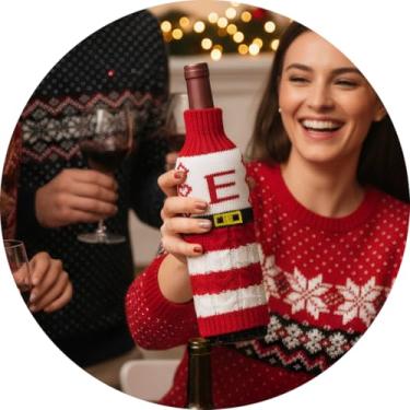 Imagem de Capa de garrafa de vinho, decoração de mesa de Natal engraçada para festas de fim de ano, manga de vinho de malha para troca de presentes, decoração de casa