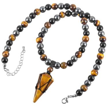 Imagem de Nupuyai Colar de proteção tripla, obsidiana preta natural, olho de tigre e colar de contas de hematita, pingente hexagonal para homens e mulheres, Pedra olho de tigre, Pedra olho de tigre