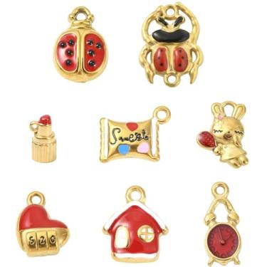 Imagem de LiQunSweet 8 peças, 8 estilos, pingentes esmaltados com tema vermelho, joaninha, coelho, coração, batom, casa de doces, pingentes de relógio para joias faça você mesmo, colar, brinco, bolsa, chaveiro