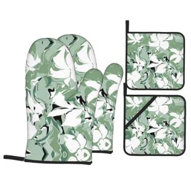 Imagem de Lindas flores – Conjunto de luvas de cozinha estampadas com suportes de tampa, luvas de forno resistentes ao calor para manusear panelas quentes, grelhar, churrascos, kit de 4 peças.