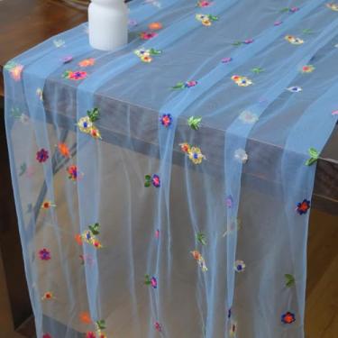 Imagem de Psasrm Conjunto de 3 corredores de mesa de flores de 3 m, 73 x 300 cm, toalha de mesa azul de tule transparente, caminho de mesa para festa de casamento, chá de bebê, aniversário, decoração de casa