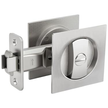 Imagem de goldenwarm Fechadura de porta de bolso, níquel acetinado contemporâneo privacidade hardware de porta de bolso quadrado, fechadura de porta de bolso deslizante prata