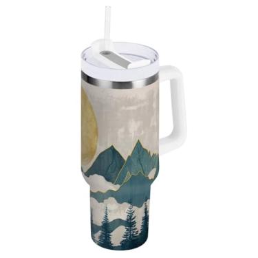 Imagem de Kigai Copo de montanha de pintura de tinta estilo chinês de 850 g com tampa e palha, copo isolado de aço inoxidável durável à prova de vazamento com alça, garrafas de água à prova de derramamento para