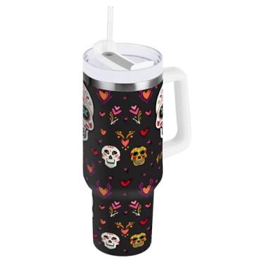 Imagem de Kigai Copo de 850 g com alça, copos coloridos com isolamento de caveira de açúcar com tampa e canudo, garrafa de água esportiva grande de metal, caneca de café de viagem de aço inoxidável