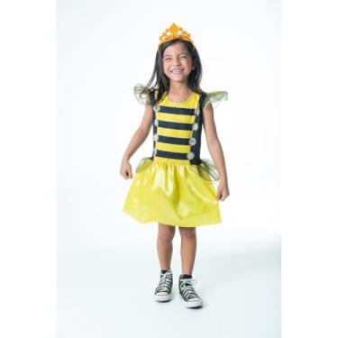 Imagem de Kit Infantil Fantasia Abelhinha com Tiara, Vestido Listrado Preto e Amarelo, Tamanho G, 100% Poliéster, para 10 a 12 Anos