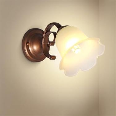 Imagem de Aplique de parede de meados do século XX para cozinha, com 2 lâmpadas, acabamento em bronze envelhecido, para banheiro, com cúpula de vidro leitoso em formato de flor, estilo fazenda/industr
