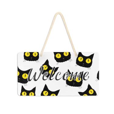 Imagem de Burbuja Placa de boas-vindas com rostos de gato preto fofo para porta da frente, placa de boas-vindas de PVC para decoração de férias, 15 x 28 cm
