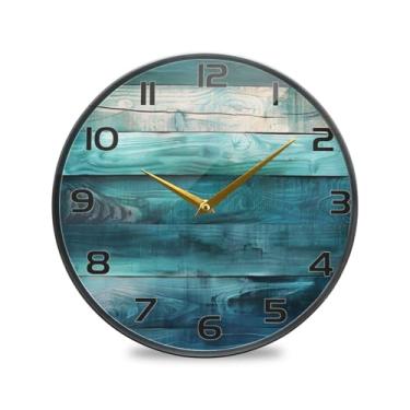 Imagem de YETTASBIN Relógio de parede acrílico de madeira verde-azulado – Silencioso, sem tique-taque, operado por bateria, relógio redondo decorativo criativo para cozinha, sala de estar, banheiro, decoração