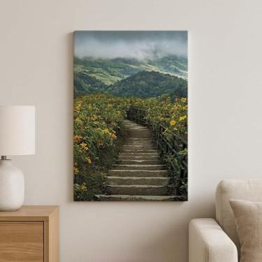 Imagem de Quadro Decorativo Paisagem Natural com Escada e Flores Amarelas na Montanha, Tela Canvas, 90x60 cm, para Sala de Estar e Decoração