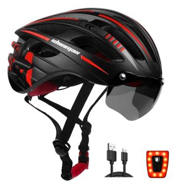 Imagem de Capacete de bicicleta Shinmax para homens/mulheres, capacete de bicicleta adulto certificado CPSC & CE com luz de carregamento USB e óculos magnéticos destacáveis para viseira e bolsa de transporte com capacete de proteção UV para ciclismo, BlackRedTitanium