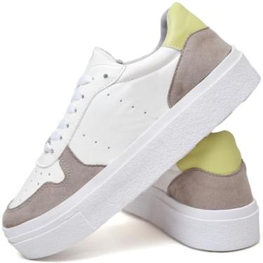 Imagem de Tênis Feminino Casual Plataforma em Verniz e Camurça, Branco com Detalhes Cinza e Amarelo, Tamanhos 34 ao 40 (Branco, BR, Adulto, Numérico, M, 36)