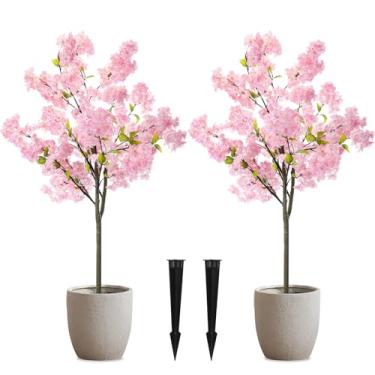 Imagem de Yunlly 2 peças de flor de cerejeira artificial, 1,2 m, flores artificiais para plantas ao ar livre, com espigão, resistência aos raios UV, arbusto floral falso para decoração interna e externa