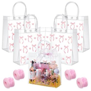 Imagem de Yuanan 24 peças de sacos de presente rosa transparente com alças, saco de presente de laço de lembrança com fitas cor-de-rosa, elegantes sacos de lembrancinha de festa para casamentos, aniversários