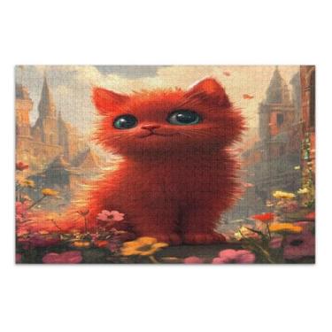 Imagem de Quebra-cabeça adulto flores de gato vermelho com letras nas costas para adultos 500 peças