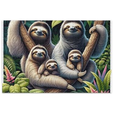 Imagem de Cute Sloth Family Quebra-cabeça de 1000 peças para adultos, pintura de belas artes, paisagem, quebra-cabeça, família, presentes para amantes