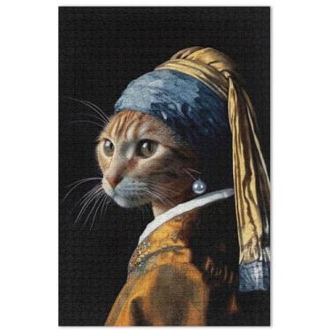 Imagem de Quebra-cabeça engraçado gato pérola brinco 500 peças adultos quebra-cabeça brinquedo arte paisagem quebra-cabeças família elefante branco presentes