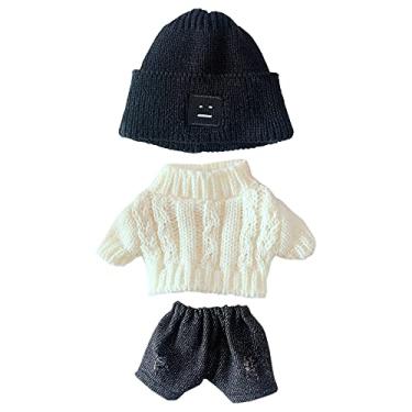 Imagem de niannyyhouse Roupas De Boneca, Conjunto 3 Peças, 7,8 Pol./20 Cm, Chapéu Pelúcia + Suéter, Shorts, Vestido, Rosto Quadrado, Jeans, Branco (Preto)