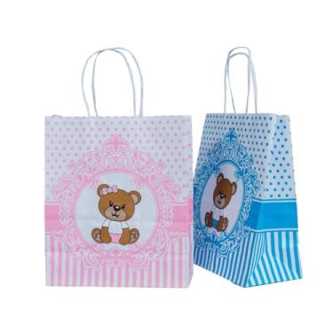 Imagem de Kit Sacola Ursinho Azul e Rosa Festa Infantil Chá Revelação 17,5x8,5x21,5cm com 20 Unidades